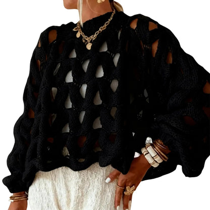 Arssm Women'S Hollow Out Pullover Sweater Oversized Long Sleeve Crew Neck Crochet Chunky Knitted Sweater