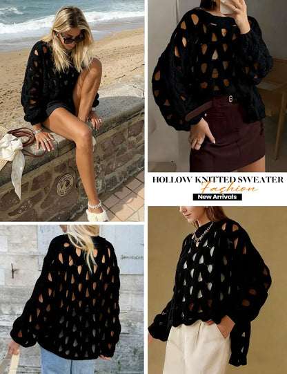 Arssm Women'S Hollow Out Pullover Sweater Oversized Long Sleeve Crew Neck Crochet Chunky Knitted Sweater