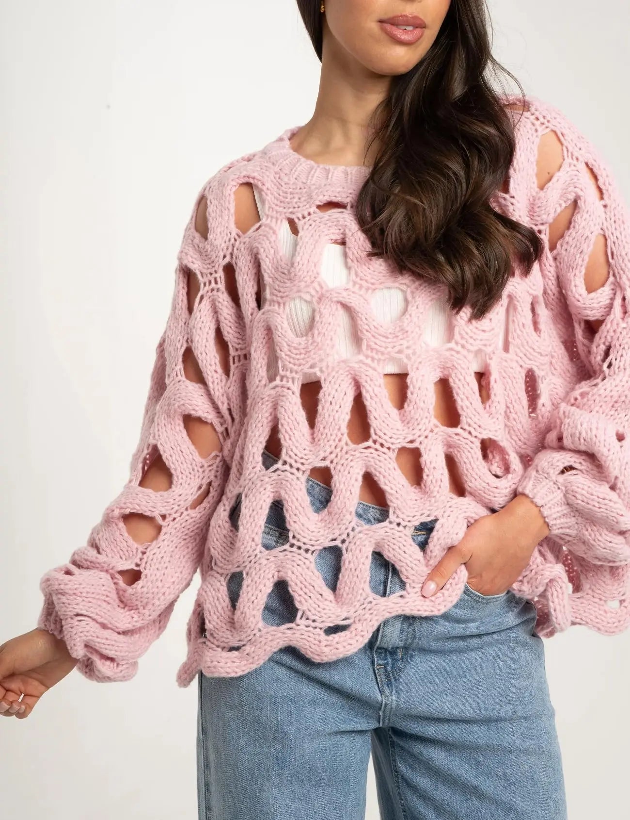 Arssm Women'S Hollow Out Pullover Sweater Oversized Long Sleeve Crew Neck Crochet Chunky Knitted Sweater