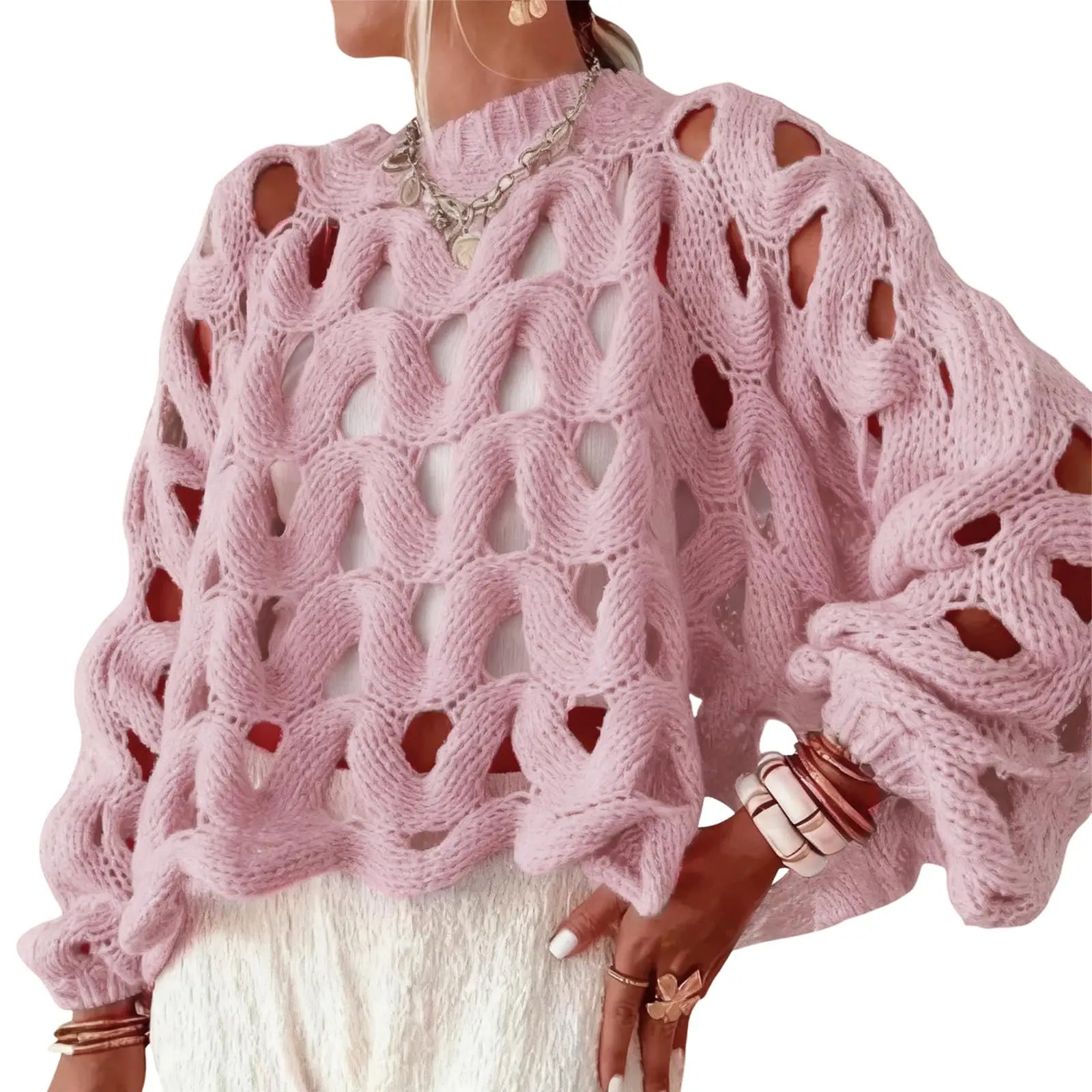 Arssm Women'S Hollow Out Pullover Sweater Oversized Long Sleeve Crew Neck Crochet Chunky Knitted Sweater