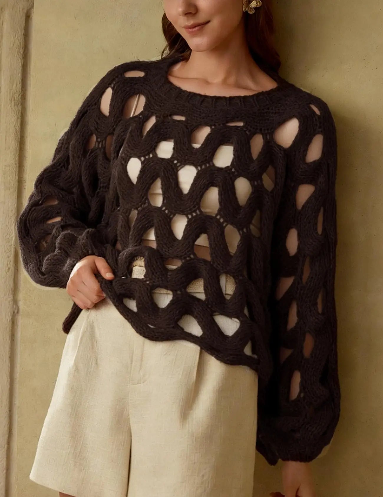 Arssm Women'S Hollow Out Pullover Sweater Oversized Long Sleeve Crew Neck Crochet Chunky Knitted Sweater