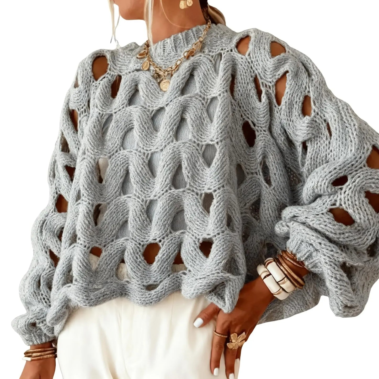 Arssm Women'S Hollow Out Pullover Sweater Oversized Long Sleeve Crew Neck Crochet Chunky Knitted Sweater