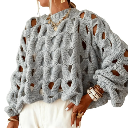 Arssm Women'S Hollow Out Pullover Sweater Oversized Long Sleeve Crew Neck Crochet Chunky Knitted Sweater