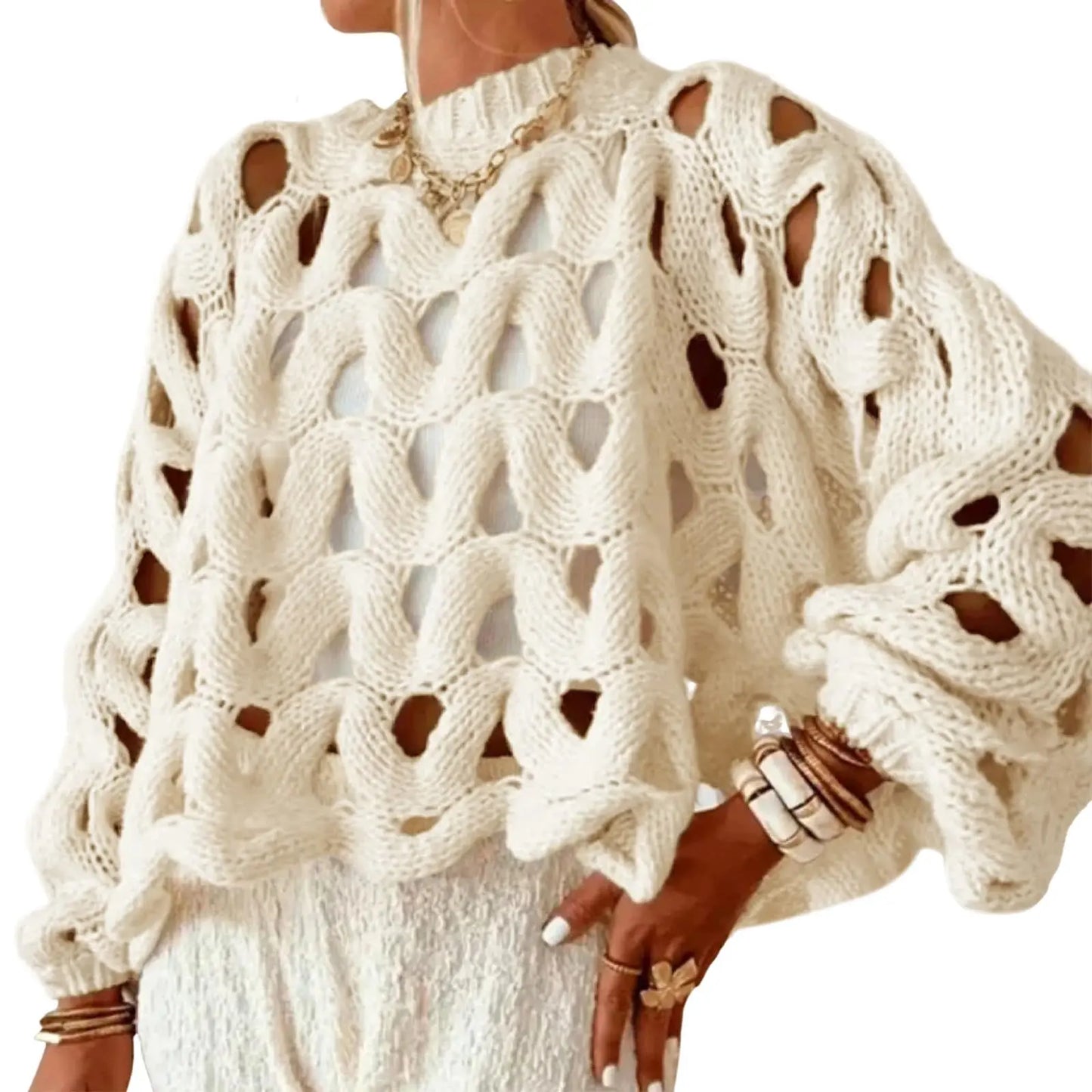 Arssm Women'S Hollow Out Pullover Sweater Oversized Long Sleeve Crew Neck Crochet Chunky Knitted Sweater