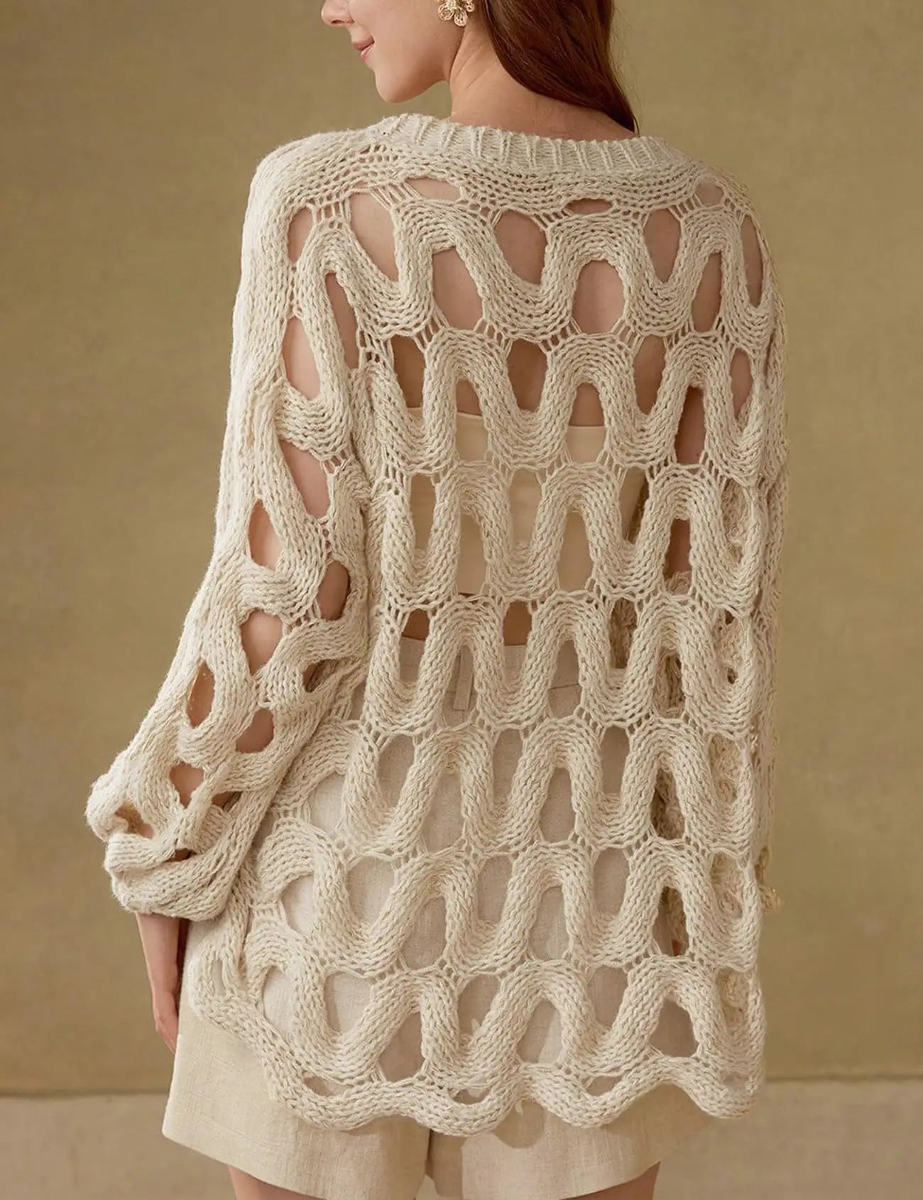 Arssm Women'S Hollow Out Pullover Sweater Oversized Long Sleeve Crew Neck Crochet Chunky Knitted Sweater